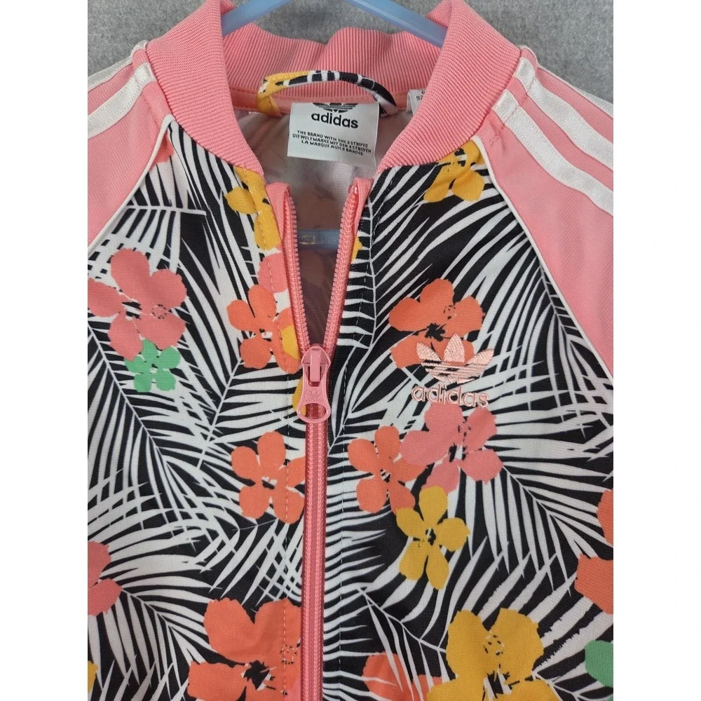 Adidas‎ Track Jacket Girls 2T Pink Tropical Floral Full Zip 3 Stripe Logo Sport